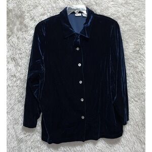 Cherokee Velvet Velour Blouse‎ Women's Size 18W-20W Blue Long Sleeve Button Top